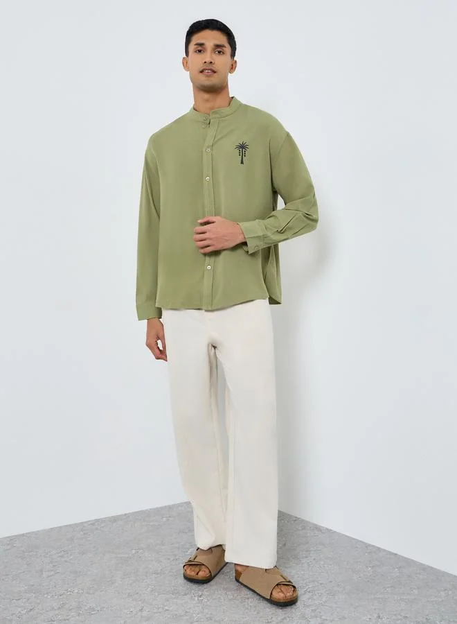 Styli Men Olive Linen Mandarin Collar Shirt